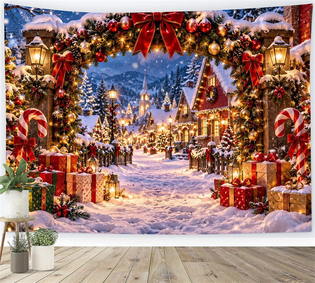Christmas Village Backdrops Snowy Candy Cane Gateway Christmas Themed Backdrops LXX610-162