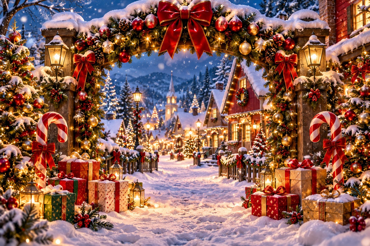 Christmas Village Backdrops Snowy Candy Cane Gateway Christmas Themed Backdrops LXX610-162