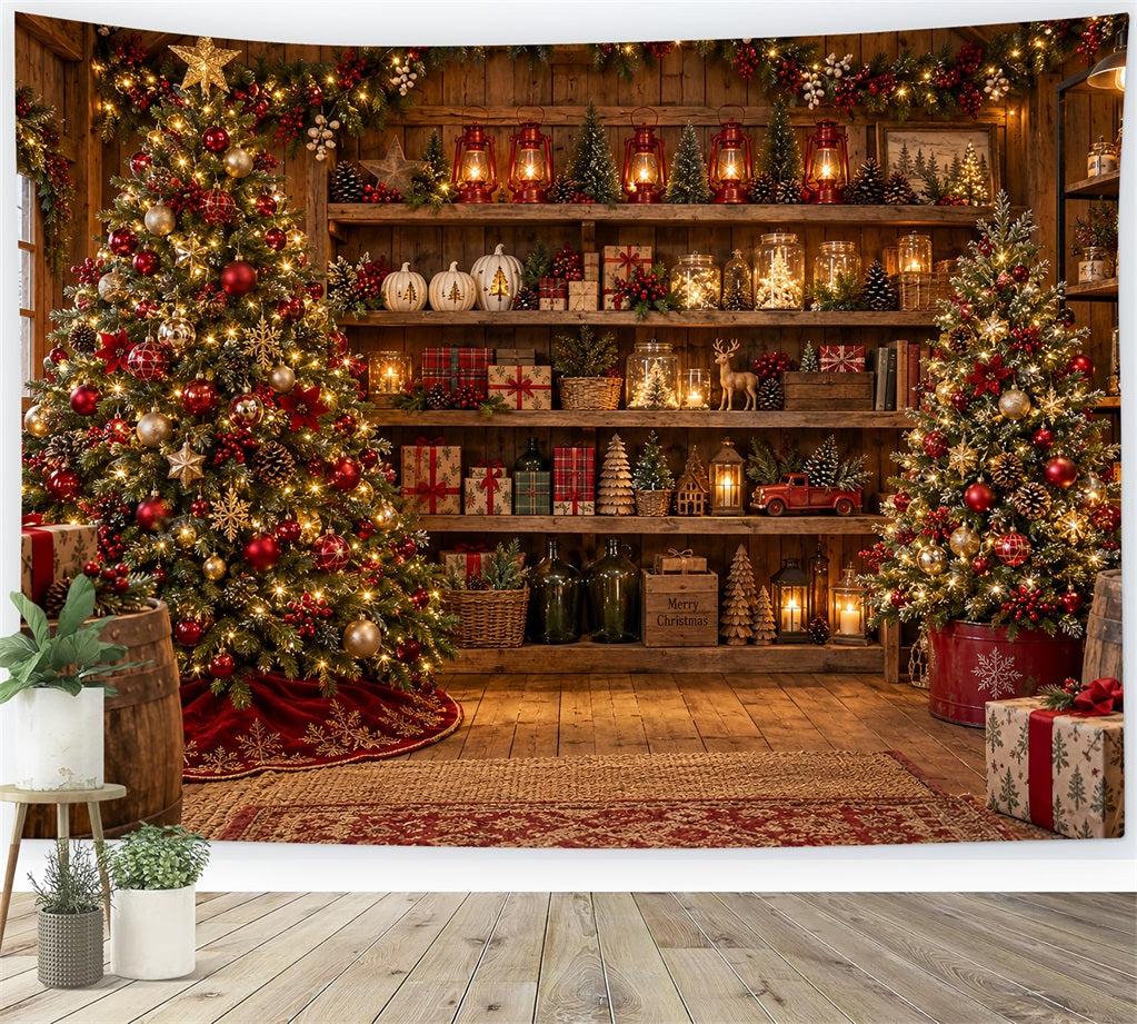Christmas Store Backdrop Rustic Festive Wooden Shelves Christmas Backdrop for Pictures LXX610-165