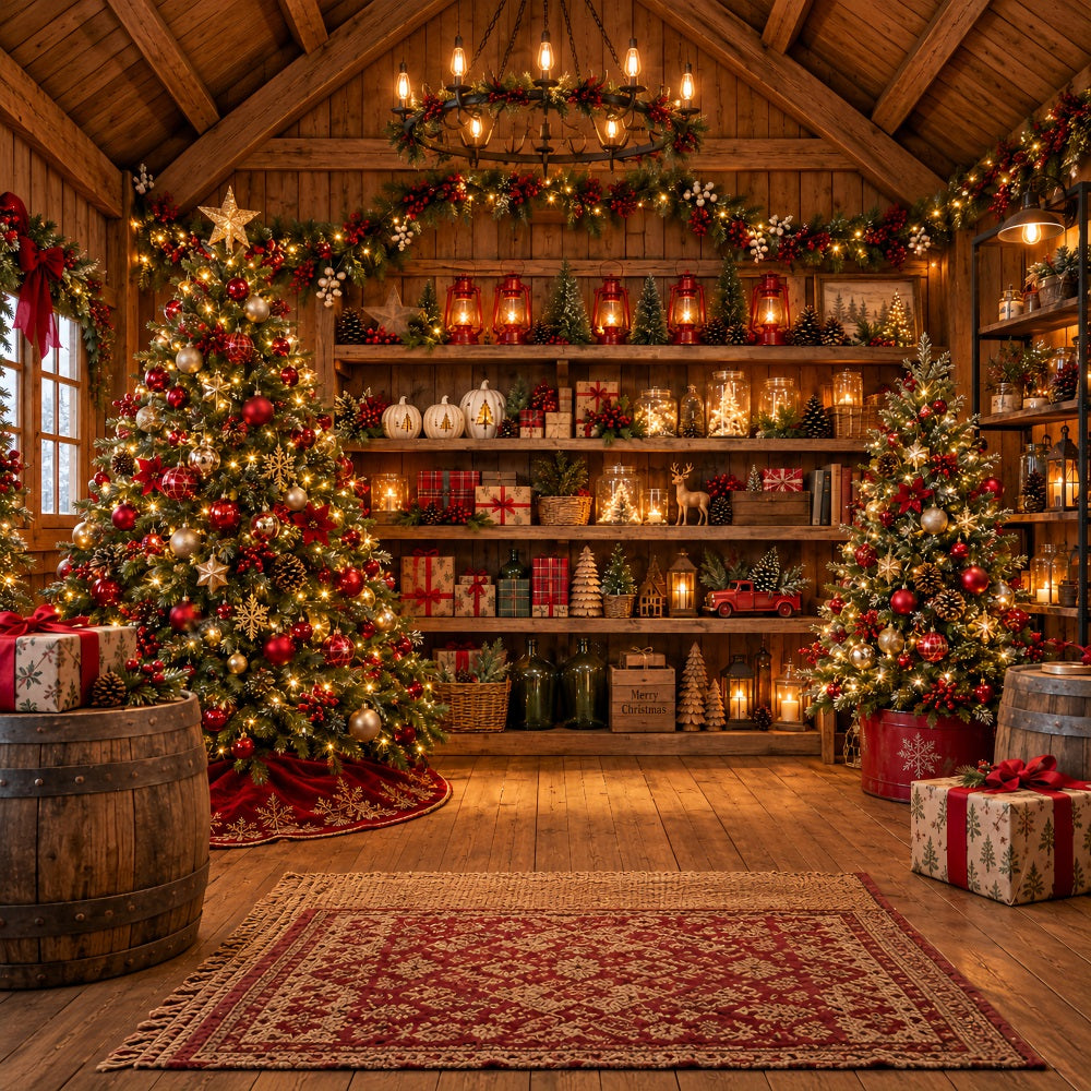 Christmas Store Backdrop Rustic Festive Wooden Shelves Christmas Backdrop for Pictures LXX610-165
