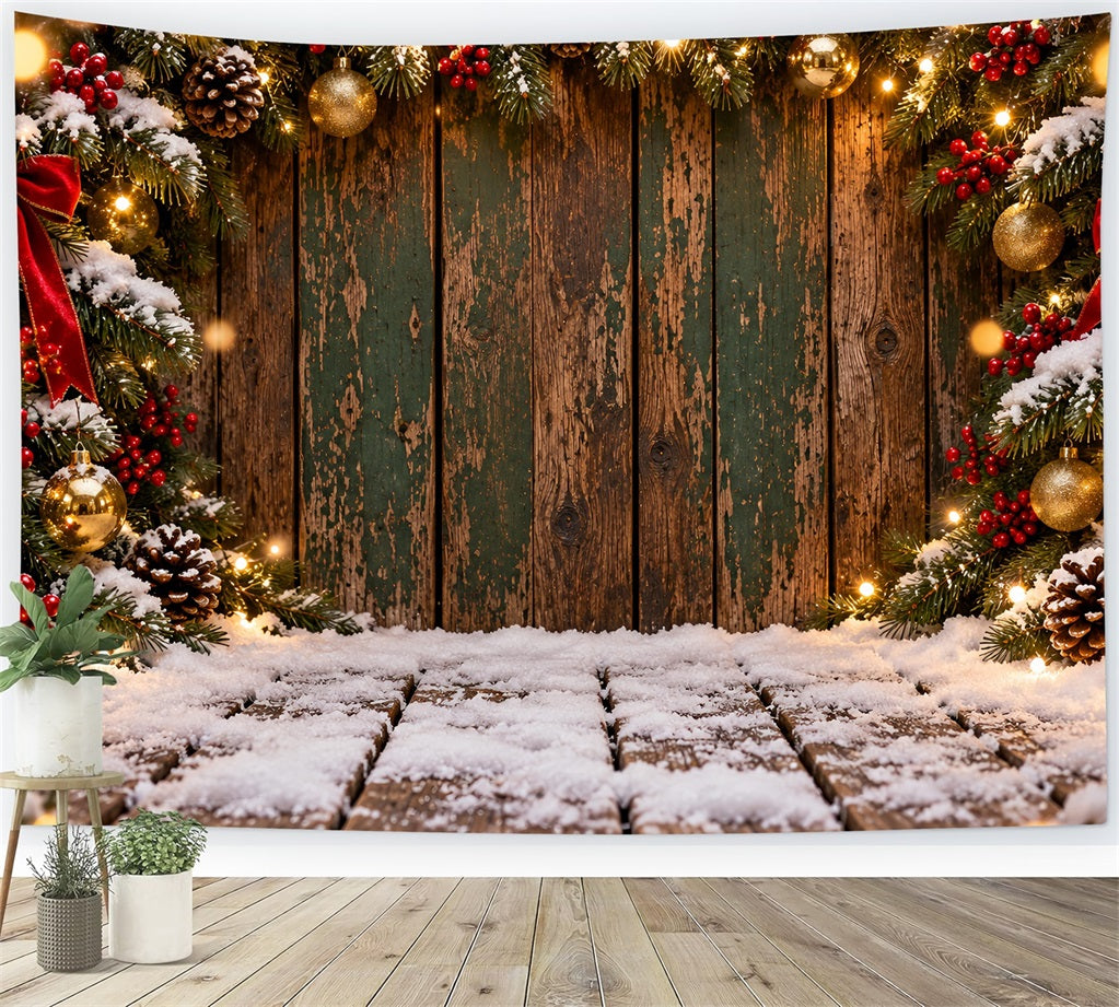 Christmas Backdrop Weathered Green Plank Garland Christmas Theme Backdrop LXX610-166