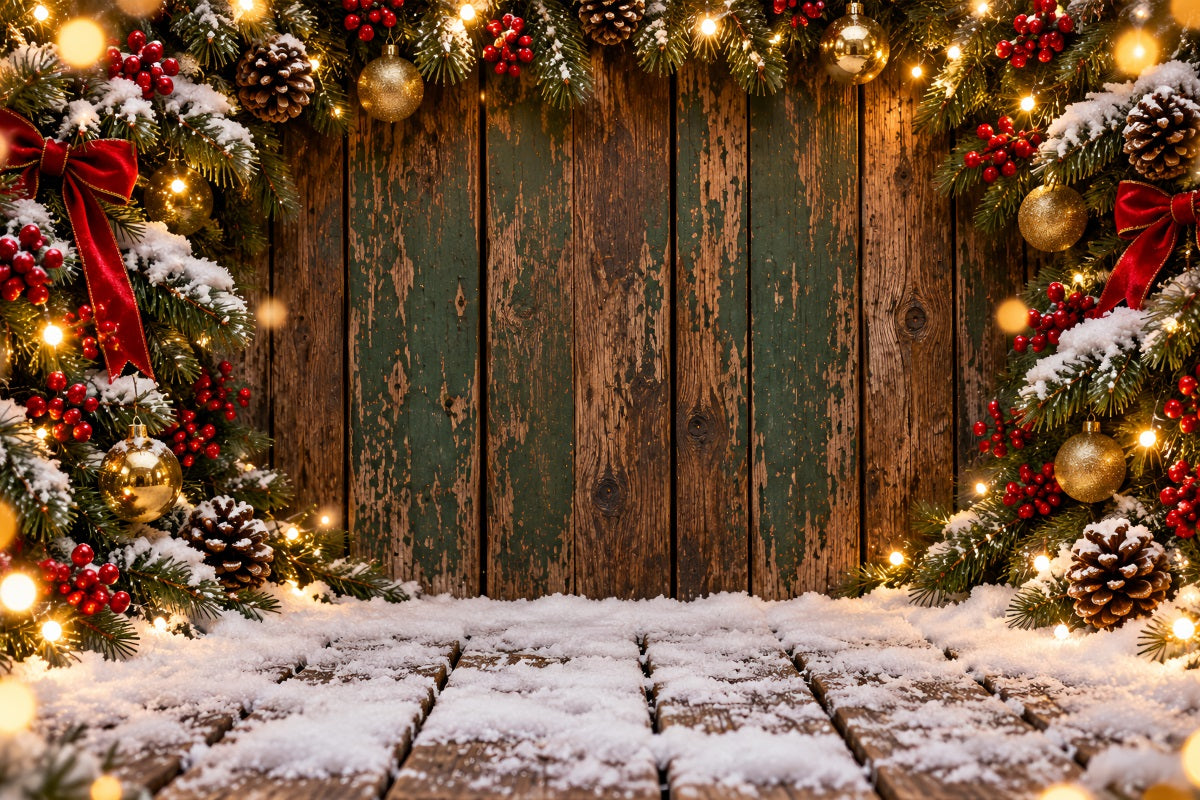 Christmas Backdrop Weathered Green Plank Garland Christmas Theme Backdrop LXX610-166