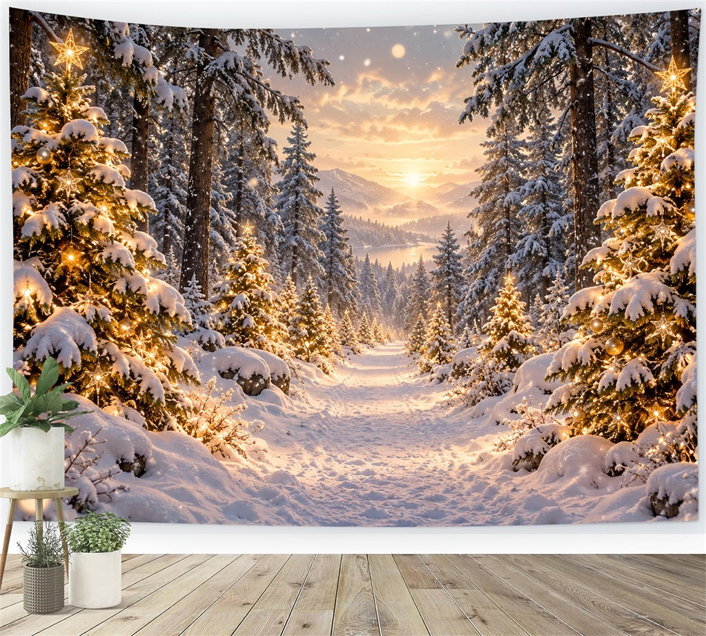 Christmas Tree Forest Backdrop Golden Sunset Snowy Trees Christmas Party Photo Backdrop LXX610-167
