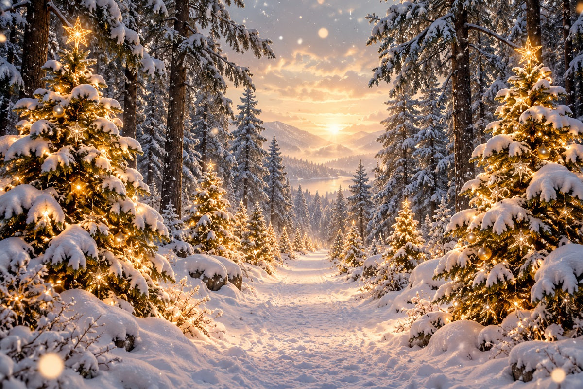 Christmas Tree Forest Backdrop Golden Sunset Snowy Trees Christmas Party Photo Backdrop LXX610-167
