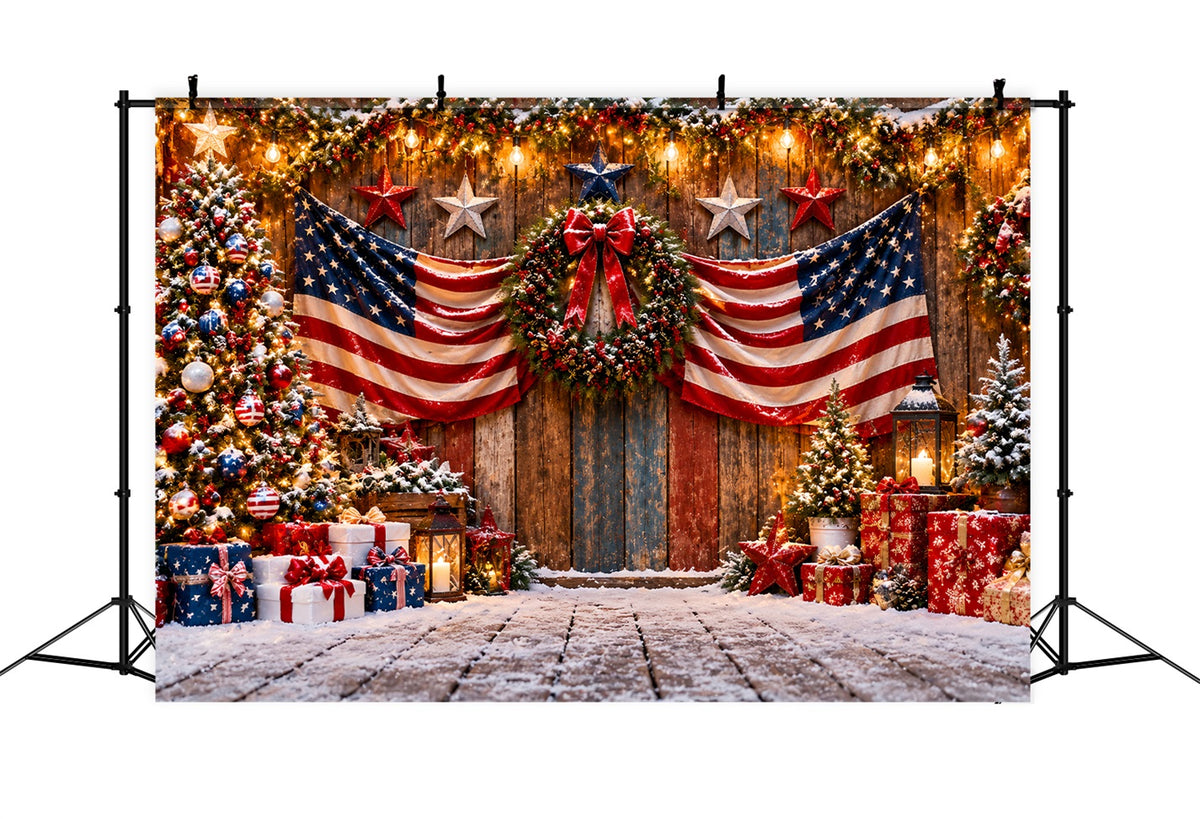 Country Christmas Backdrop Patriotic Flag Festive Doorway Christmas Tree Photography Backdrop LXX610-168