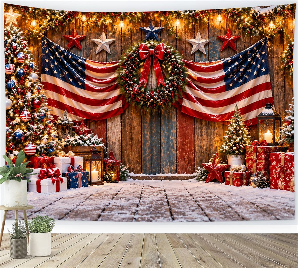 Country Christmas Backdrop Patriotic Flag Festive Doorway Christmas Tree Photography Backdrop LXX610-168