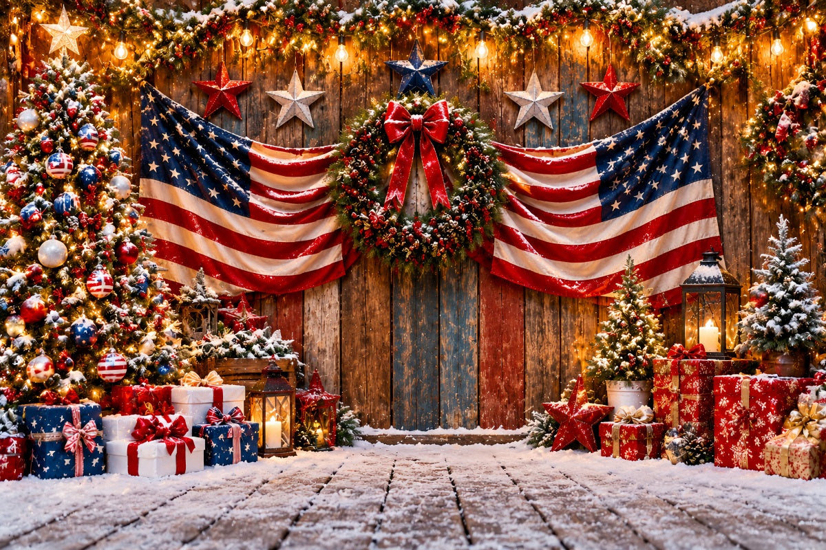 Country Christmas Backdrop Patriotic Flag Festive Doorway Christmas Tree Photography Backdrop LXX610-168