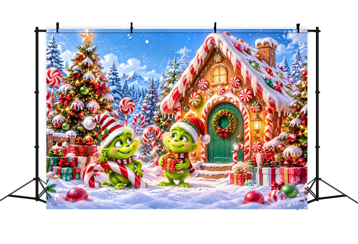 Grinch Backdrop Green Furry Candy Cottage Christmas Backdrops for Pictures LXX610-170