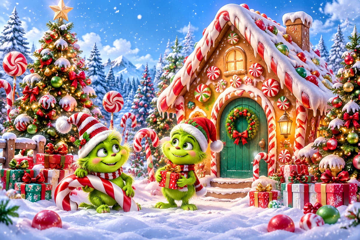 Grinch Backdrop Green Furry Candy Cottage Christmas Backdrops for Pictures LXX610-170