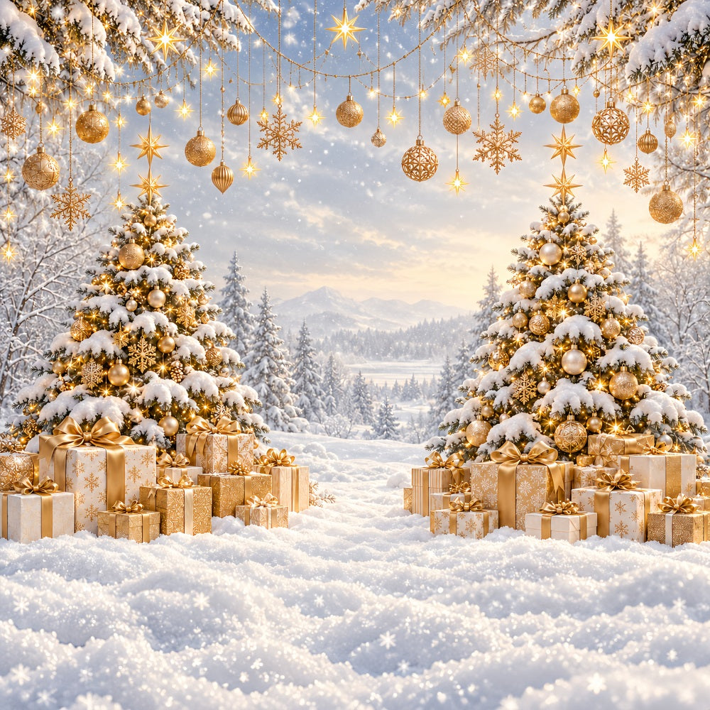 Christmas Backdrop for Photos Golden Sunset Snowy Forest Christmas Card Backdrop LXX610-171