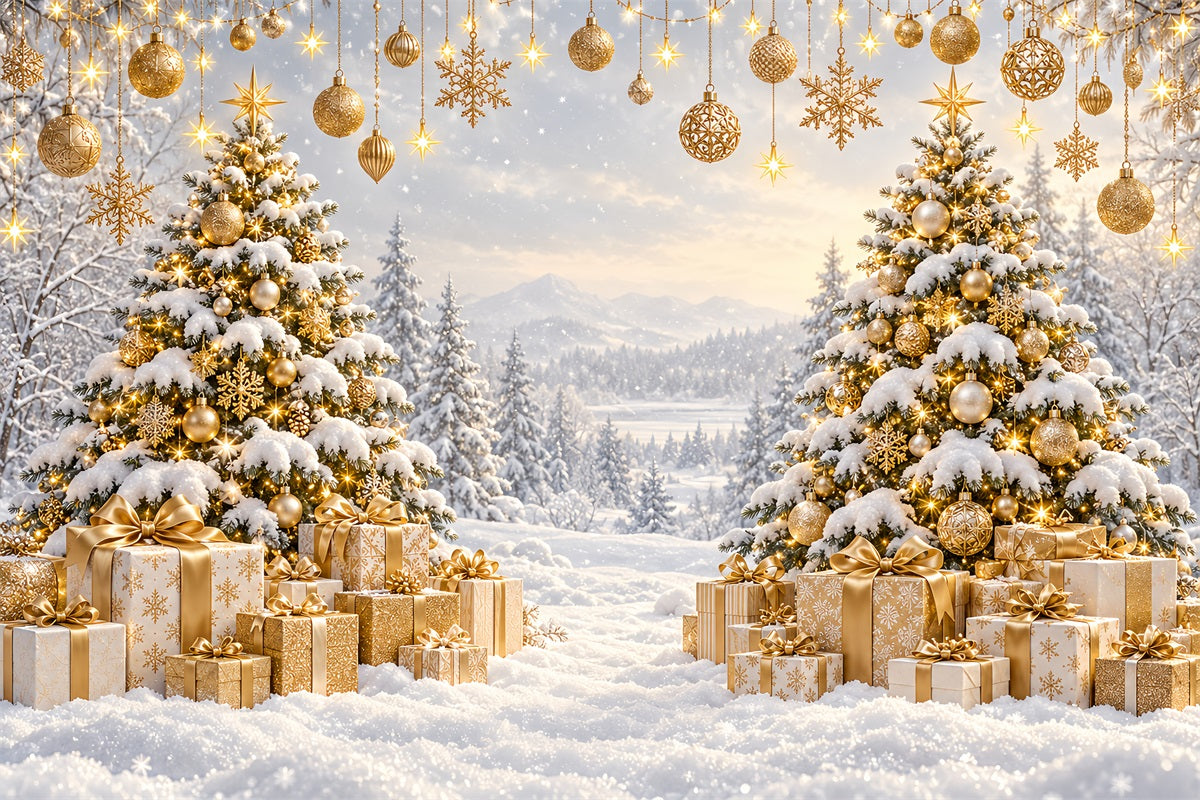 Christmas Backdrop for Photos Golden Sunset Snowy Forest Christmas Card Backdrop LXX610-171
