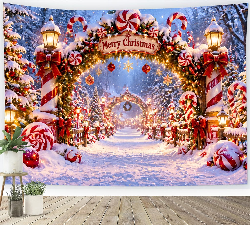 Christmas Candy Cane Backdrop Peppermint Wreath Snowy Gateway Christmas Backdrops for Stage LXX610-176