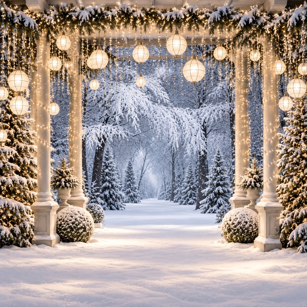 Christmas Forest Backdrop Snowy Lantern Column Walkway Christmas Portrait Backdrop LXX610-177
