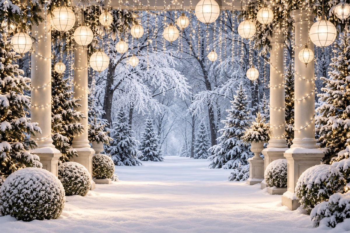 Christmas Forest Backdrop Snowy Lantern Column Walkway Christmas Portrait Backdrop LXX610-177