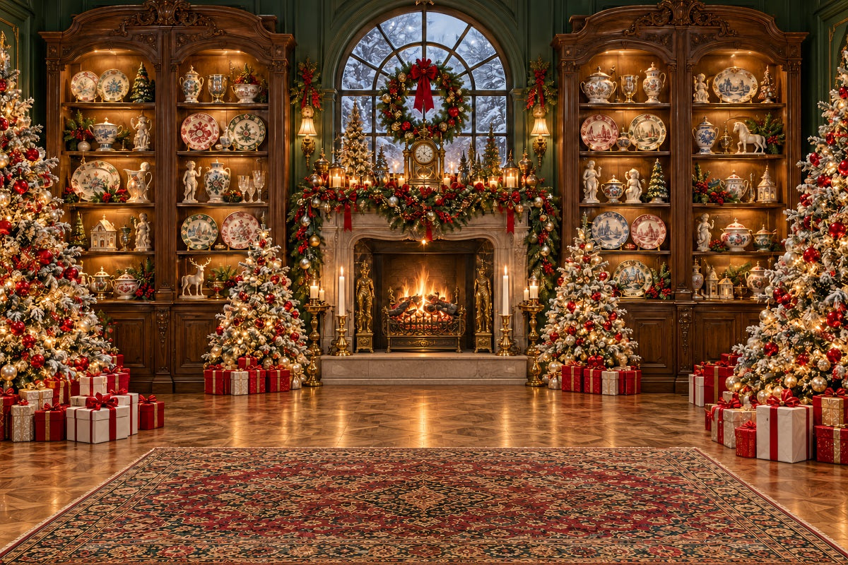 Santa Backdrop Antique Library Fireplace Display Christmas Backdrop for Party LXX610-178