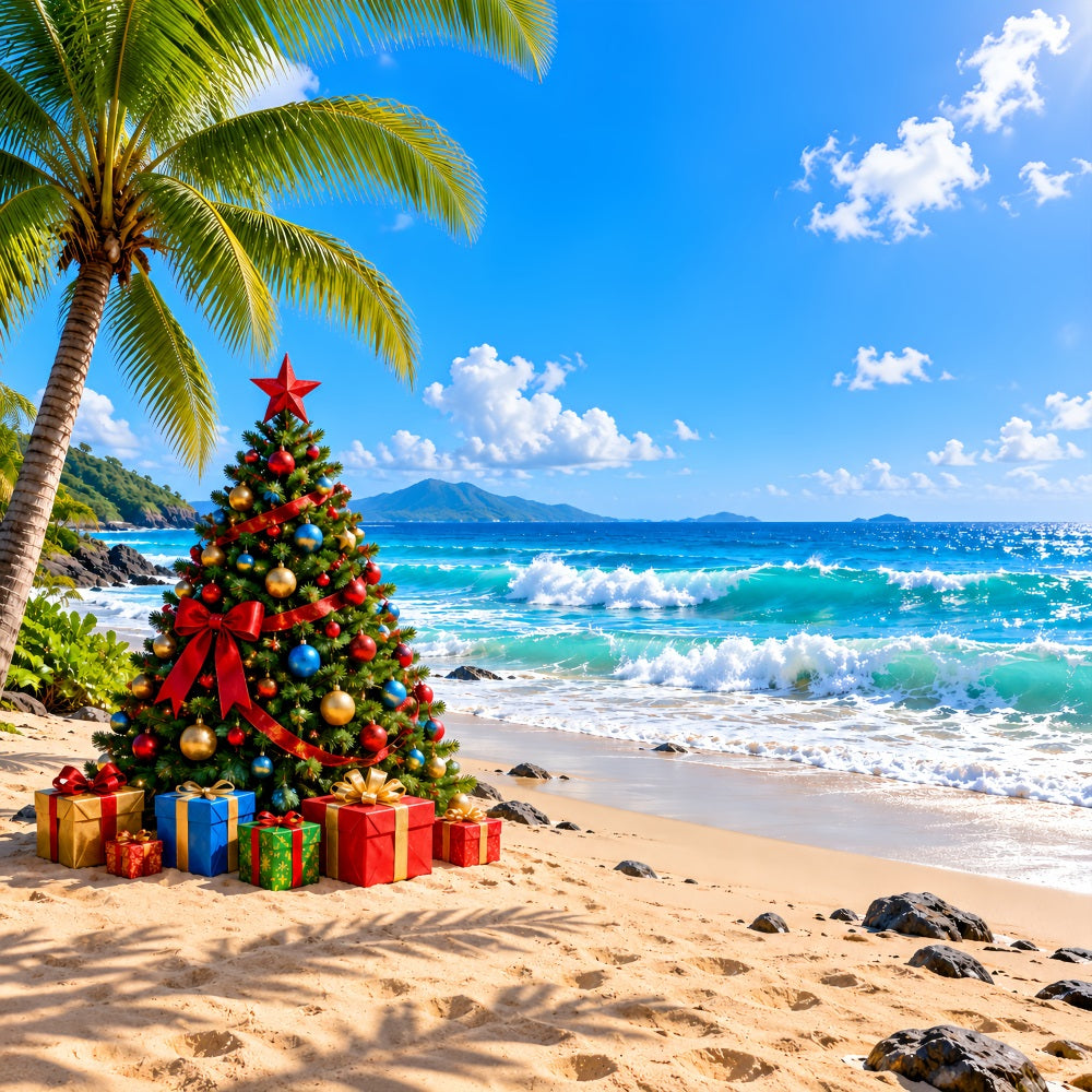 Christmas Tree Backdrops Tropical Beach Holiday Palms Christmas Themed Backdrop LXX610-179