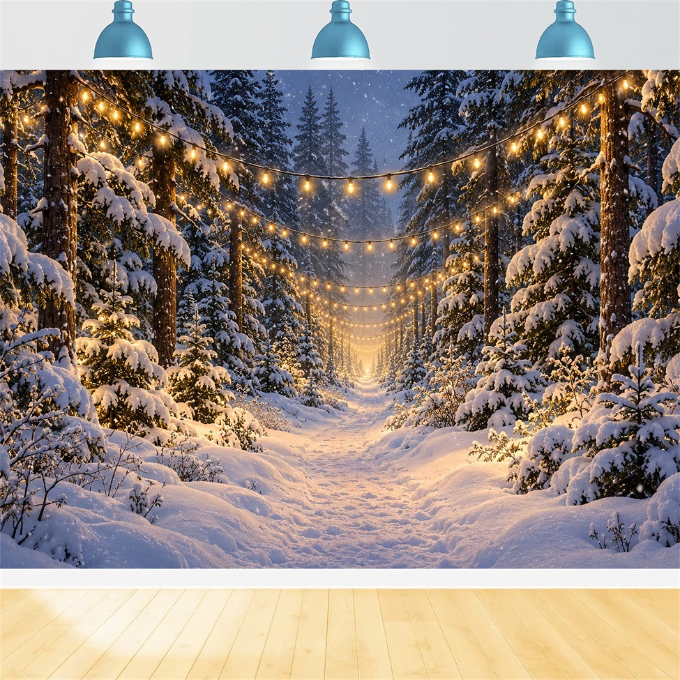 Christmas Tree Forest Backdrop Glowing Snowy Forest Path Christmas Picture Backdrops LXX610-180