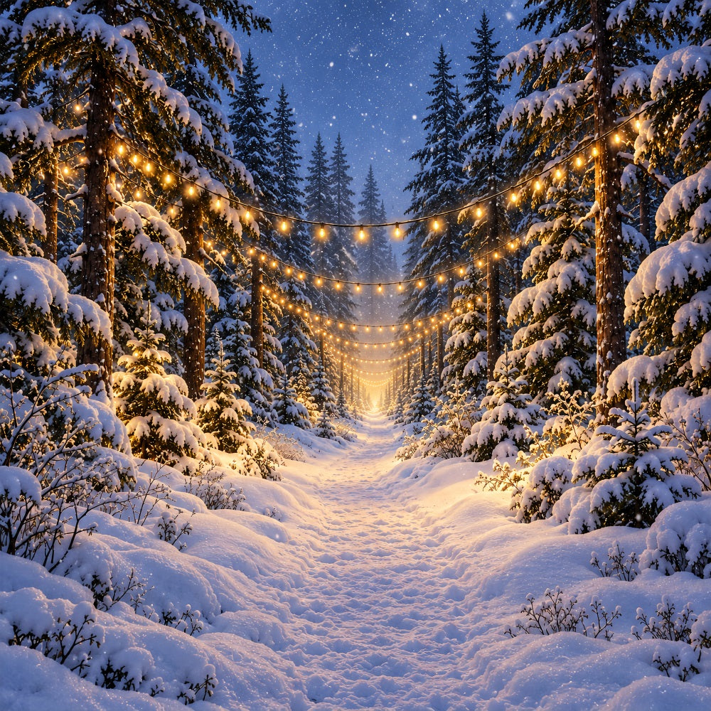 Christmas Tree Forest Backdrop Glowing Snowy Forest Path Christmas Picture Backdrops LXX610-180