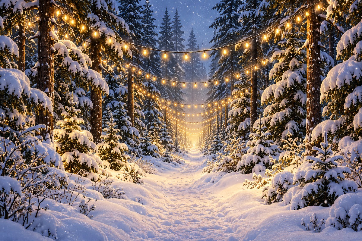 Christmas Tree Forest Backdrop Glowing Snowy Forest Path Christmas Picture Backdrops LXX610-180
