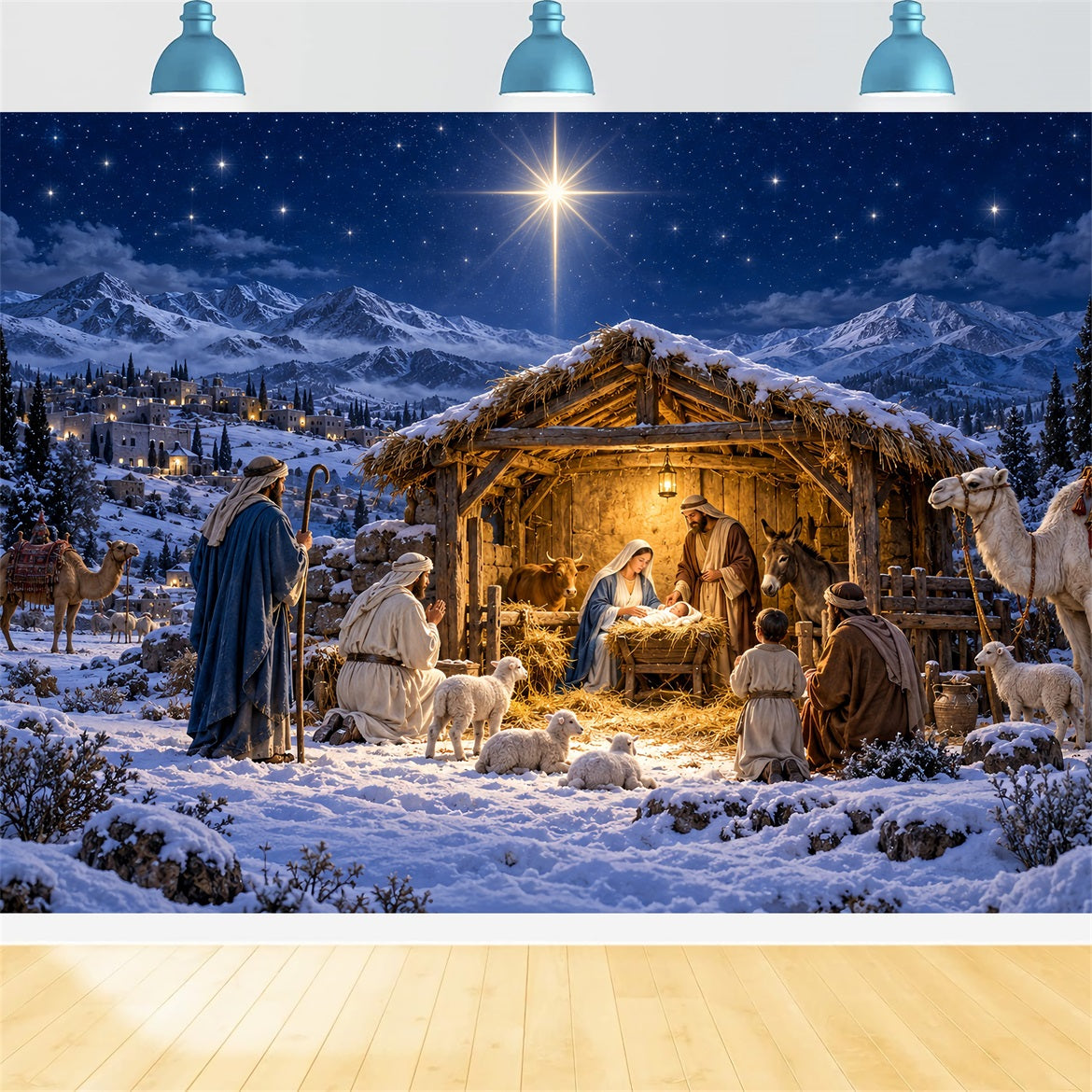 Nativity Scene Backdrop Bethlehem Star Snowy Mountain Christmas Manger Backdrop LXX610-181