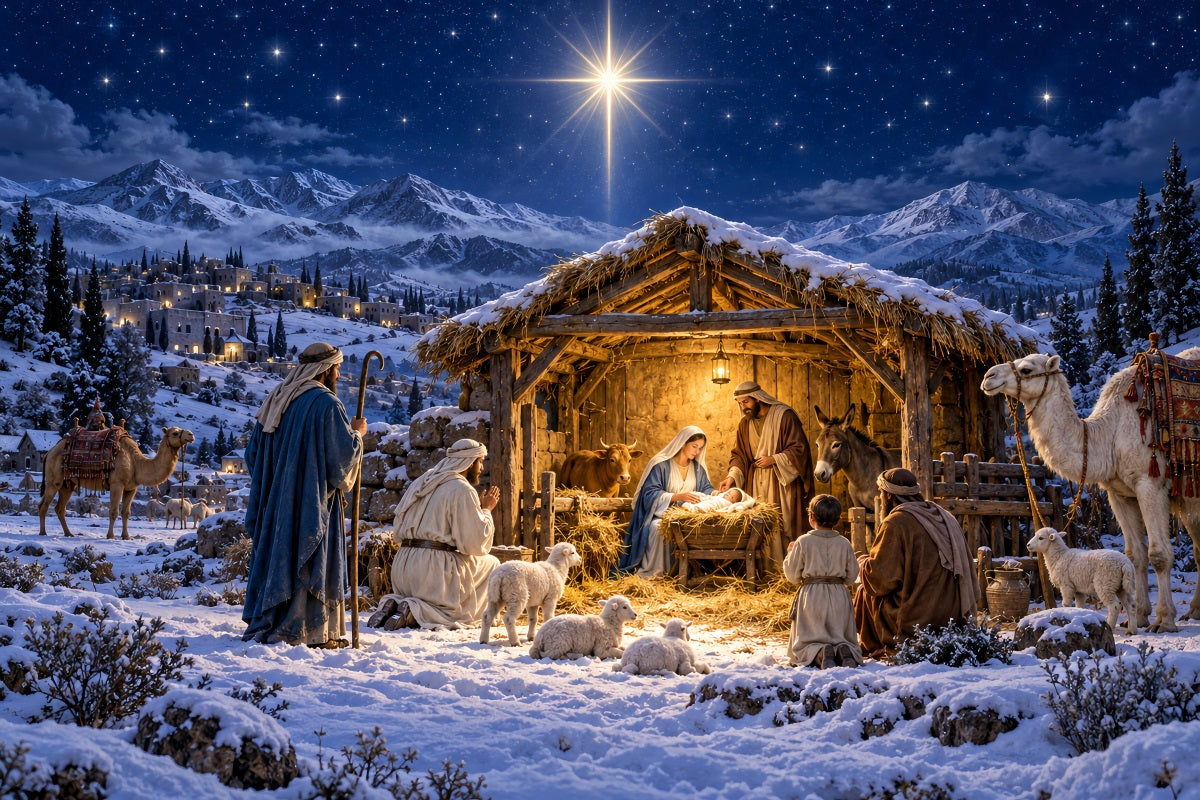 Nativity Scene Backdrop Bethlehem Star Snowy Mountain Christmas Manger Backdrop LXX610-181
