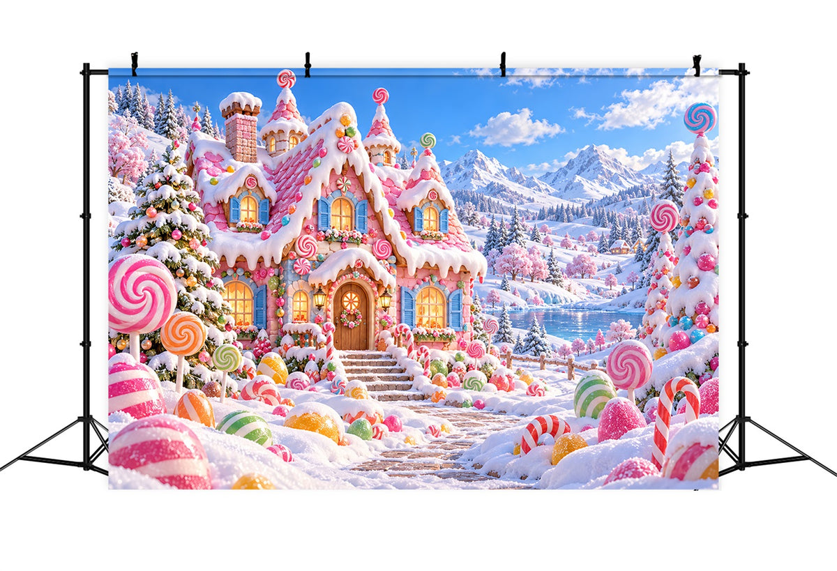 Gingerbread House Backdrop Pink Candy Cottage Wonderland Christmas Wall Backdrops LXX610-182