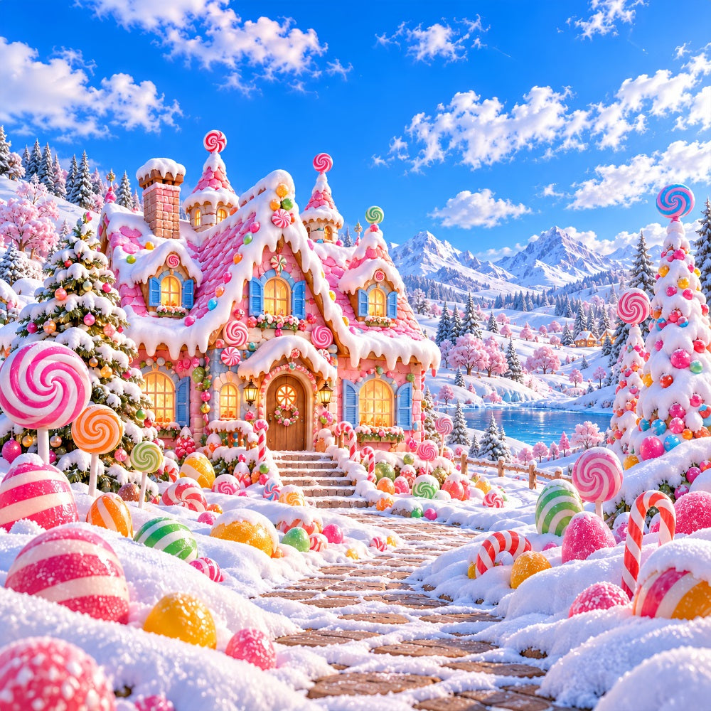 Gingerbread House Backdrop Pink Candy Cottage Wonderland Christmas Wall Backdrops LXX610-182
