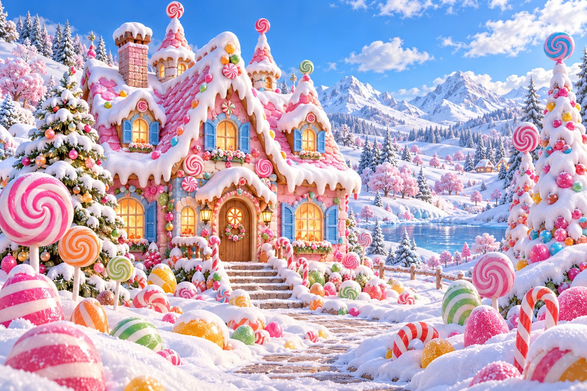Gingerbread House Backdrop Pink Candy Cottage Wonderland Christmas Wall Backdrops LXX610-182