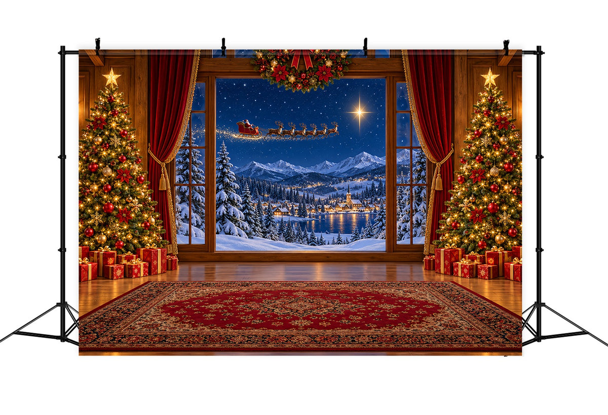 Santa Backdrop Window Sleigh Winter Village Christmas Scene Backdrops LXX610-183