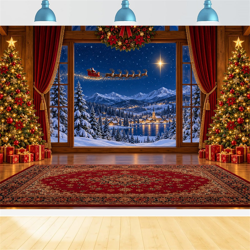 Santa Backdrop Window Sleigh Winter Village Christmas Scene Backdrops LXX610-183