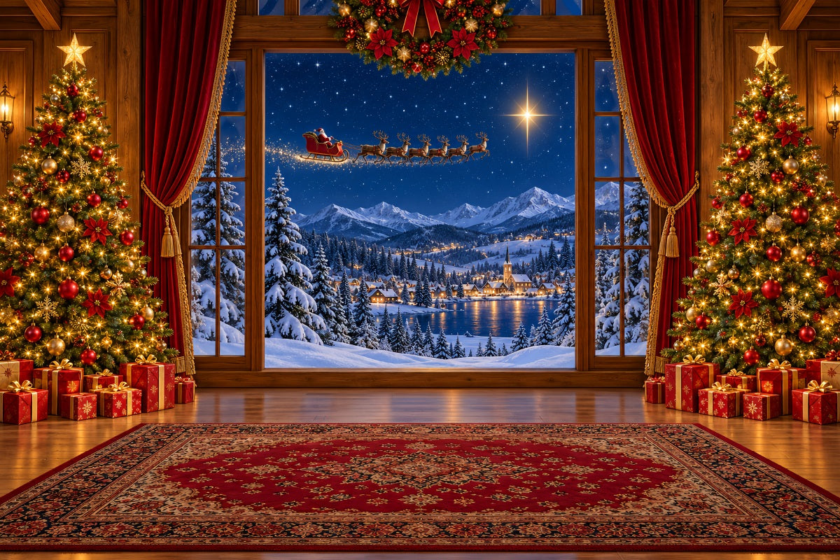 Santa Backdrop Window Sleigh Winter Village Christmas Scene Backdrops LXX610-183