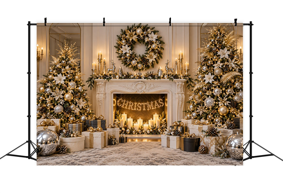 Christmas Photo Backdrop Ivory Gold Fireplace Elegance Christmas Backdrop for Photoshoot LXX610-184