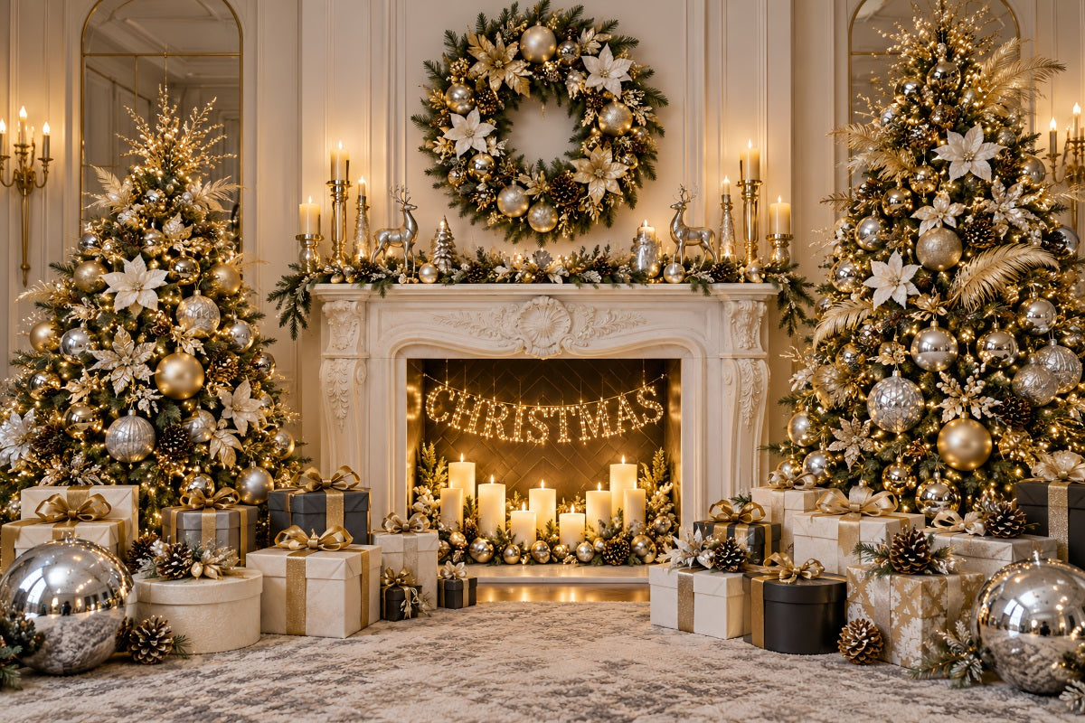 Christmas Photo Backdrop Ivory Gold Fireplace Elegance Christmas Backdrop for Photoshoot LXX610-184