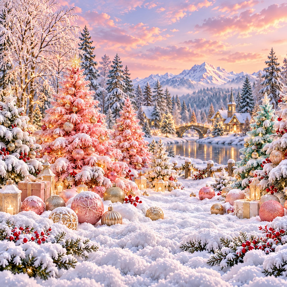 Christmas Tree Backdrops Blush Pink Snowy Village Christmas Stage Backdrop LXX610-185