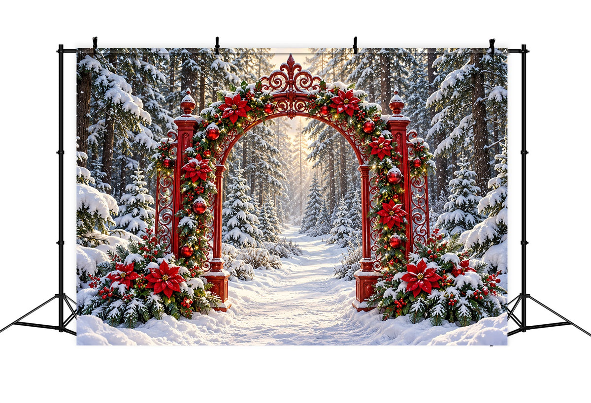 Snowy Christmas Backdrop Red Poinsettia Forest Arch Christmas Studio Backdrop LXX610-187