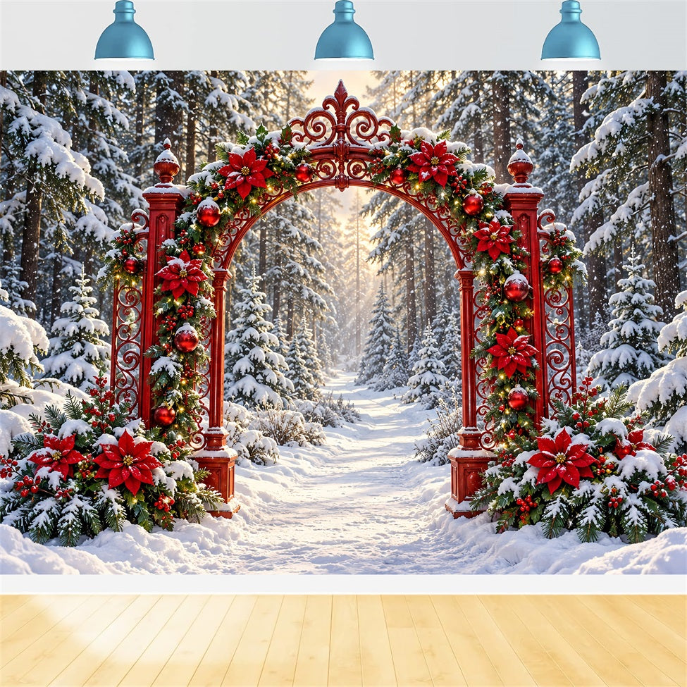 Snowy Christmas Backdrop Red Poinsettia Forest Arch Christmas Studio Backdrop LXX610-187