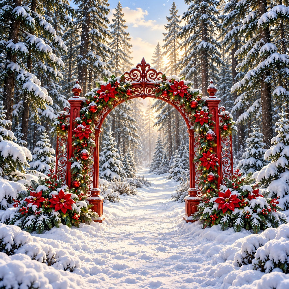 Snowy Christmas Backdrop Red Poinsettia Forest Arch Christmas Studio Backdrop LXX610-187