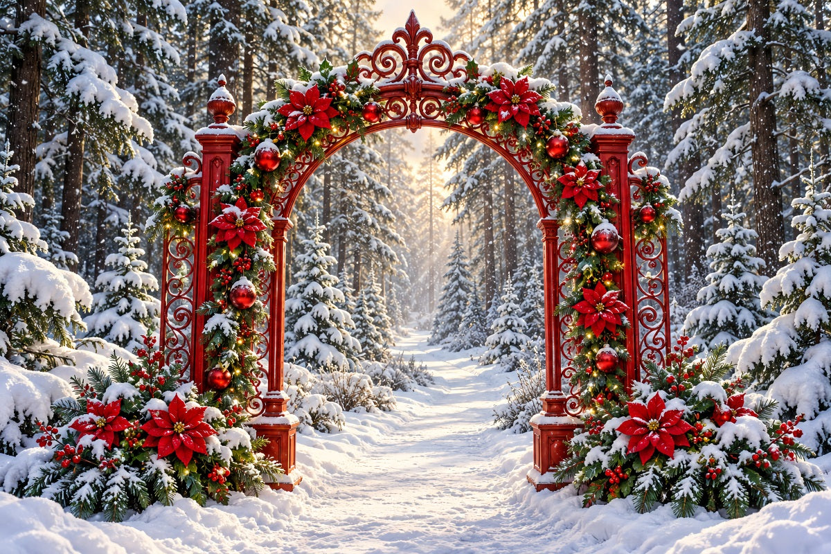 Snowy Christmas Backdrop Red Poinsettia Forest Arch Christmas Studio Backdrop LXX610-187