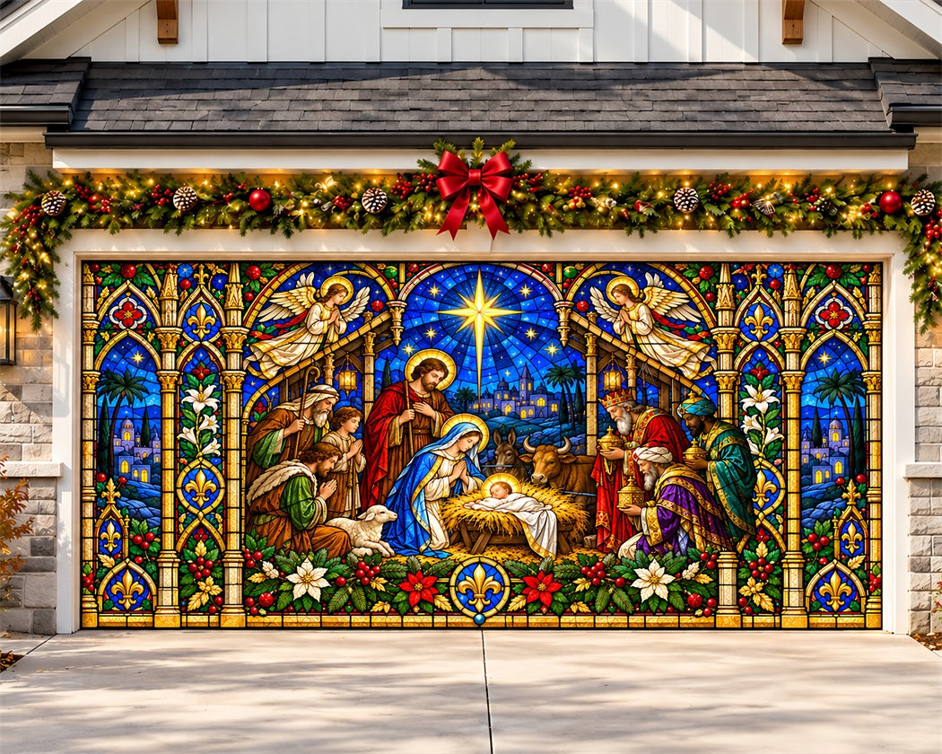Church Christmas Garage Door Banner Stained Glass Nativity Christmas Garage Door Decoration LXX610-2-2 Car