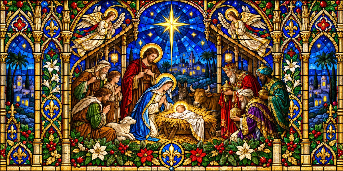 Church Christmas Garage Door Banner Stained Glass Nativity Christmas Garage Door Decoration LXX610-2-2 Car