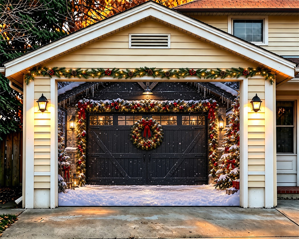 Barn Christmas Garage Door Banner Snowy Garland Vintage Christmas Garage Door Banner LXX610-22-1 Car