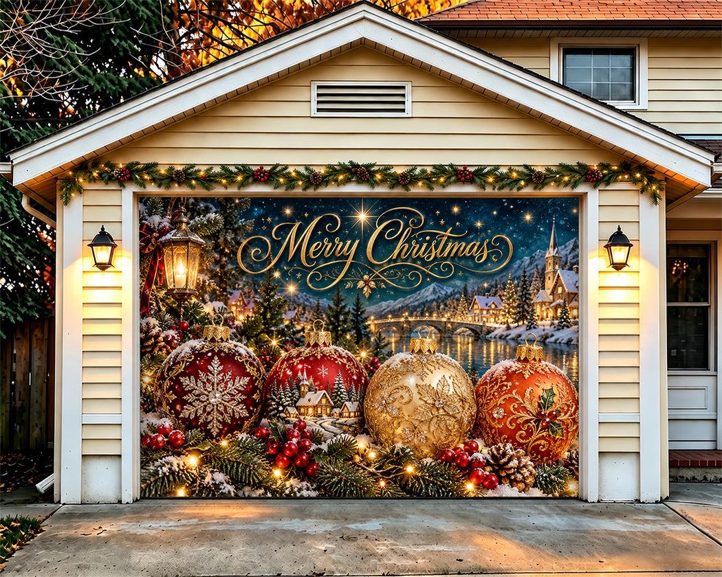 Christmas Ball Garage Door Cover Golden Ornament Village Outdoor Christmas Garage Door Cover LXX610-24-1 Car