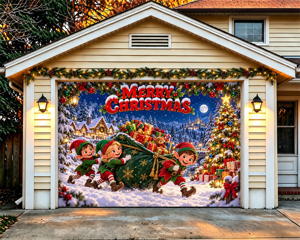 Elf Christmas Garage Door Banner Snowy Gift Sleigh Christmas Outdoor Garage Door Decor LXX610-26-1 Car