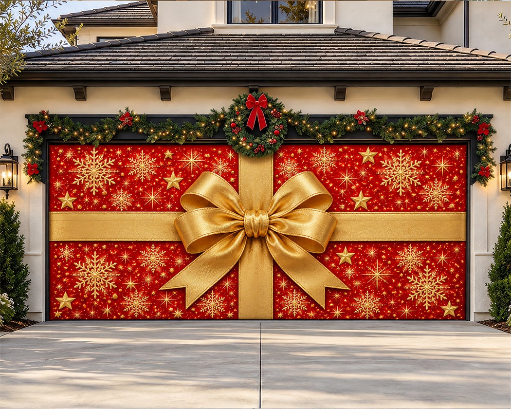 Christmas Gift Box Garage Door Banner Golden Ribbon Bow Christmas Garage Door Banner Decoration LXX610-27-2 Car