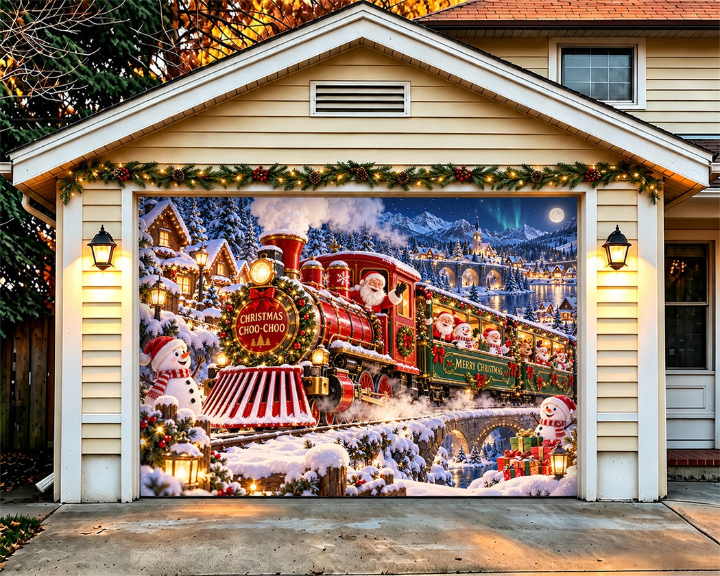 Train Christmas Garage Door Cover Aurora Forest Bridge Christmas Garage Door Decor LXX610-30-1 Car