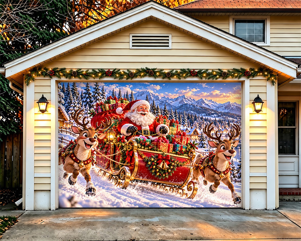 Santa Reindeer Christmas Garage Door Banner Snowy Mountain Sleigh Christmas Garage Door Banner LXX610-31-1 Car