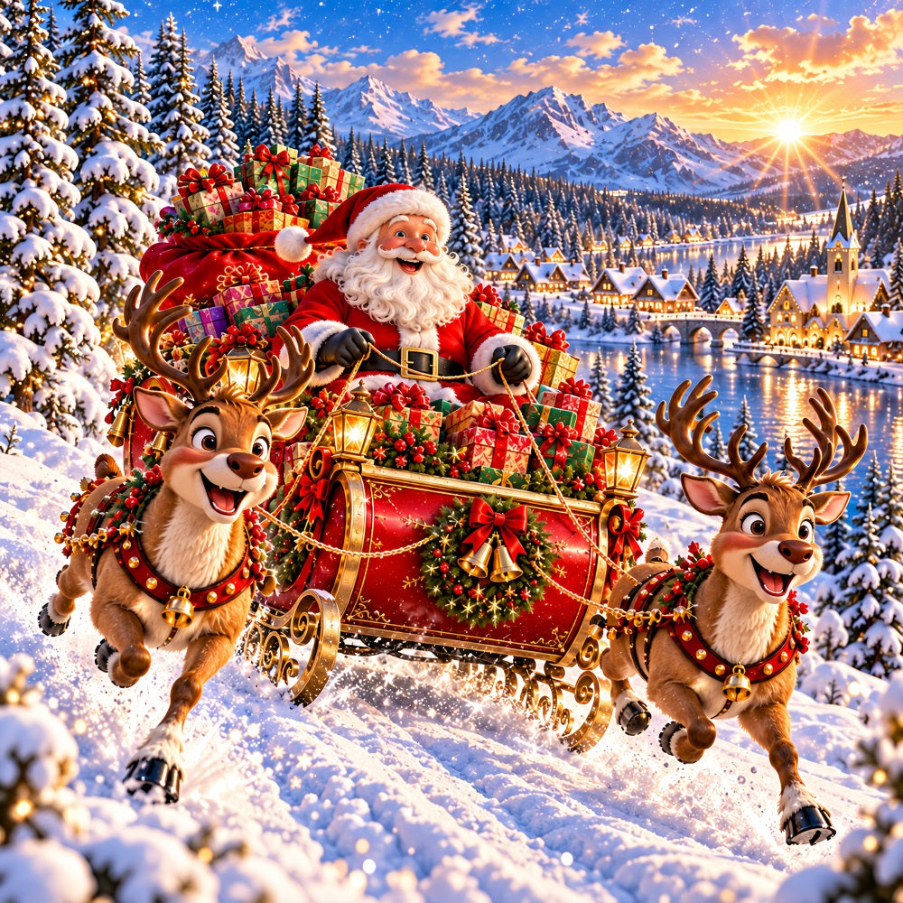 Santa Reindeer Christmas Garage Door Banner Snowy Mountain Sleigh Christmas Garage Door Banner LXX610-31-1 Car