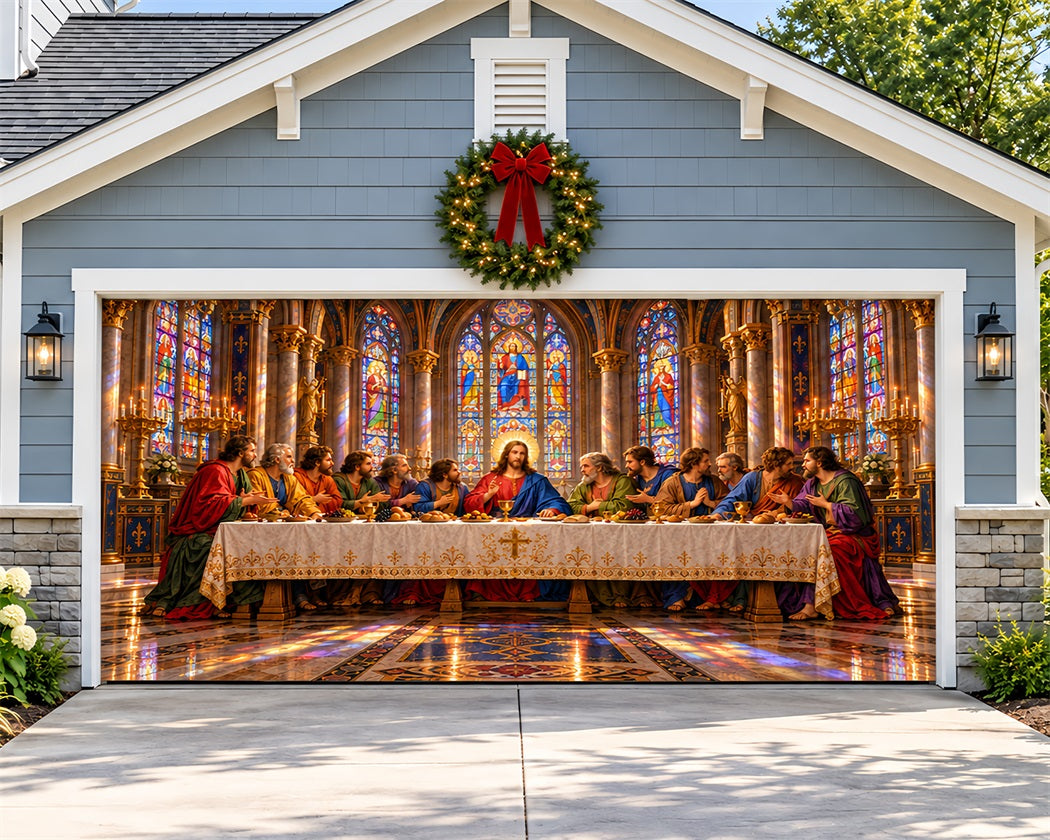 Religious Christmas Garage Door Cover Gothic Stained Glass Christmas Garage Door Cover LXX610-37-2 Car