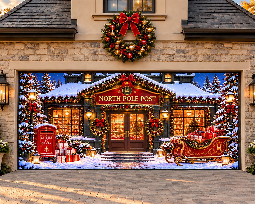 North Pole Christmas Garage Door Cover Sleigh Post Office Outdoor Christmas Garage Door Cover LXX610-42-2 Car