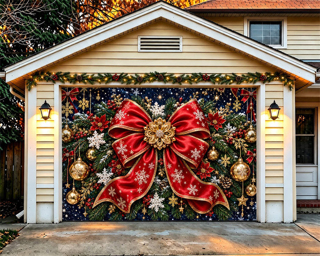 Bow Christmas Garage Door Banner Crimson Snowflake Ornament Christmas Outdoor Garage Door Decor LXX610-44-1 Car